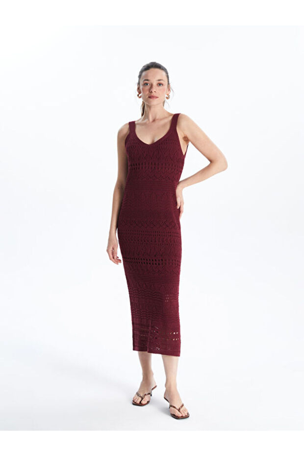 Esvab • Modern & Distinctive V Placket Openwork Women's Knitwear Dress