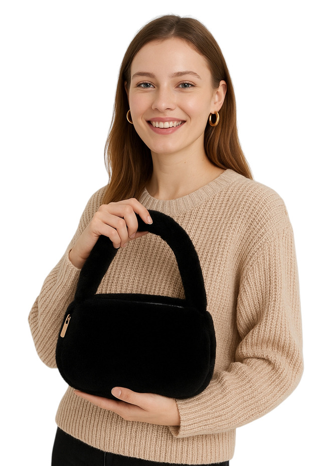 Kadın Siyah Peluş Askılı Çanta - 2