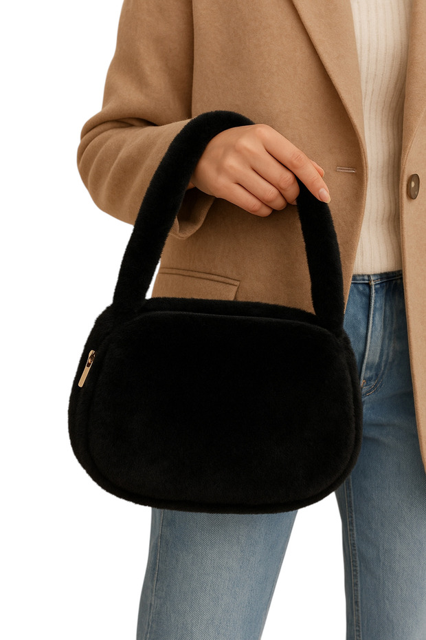 Kadın Siyah Peluş Askılı Çanta - 3