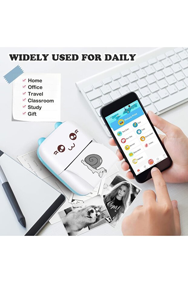 طابعة ملصقات صغيرة حرارية تعمل بتقنية البلوتوث (أزرق/أبيض) - 4