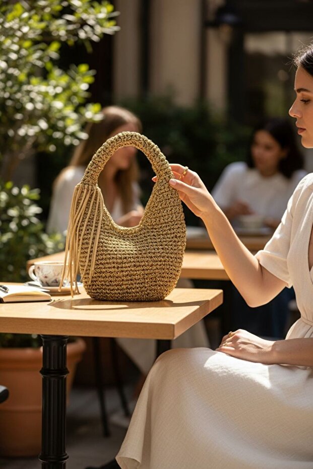 Breeze Hand Knitted Shiny Raffia Rope Handbag | Gold | Lined | Daily & Special Occasion |
