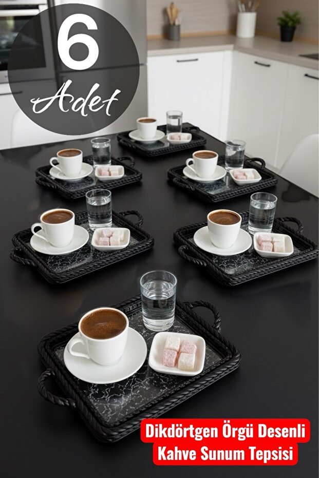 6 Pcs Black Coffee Presentation Tray Mesh Pattern Rectangular Plastic Black - 1