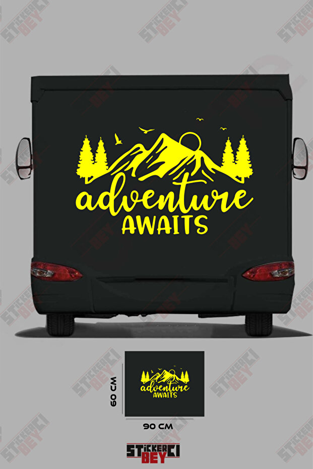 Adventure Awaits Written on the Caravan Sticker with Mountain and Tree Images