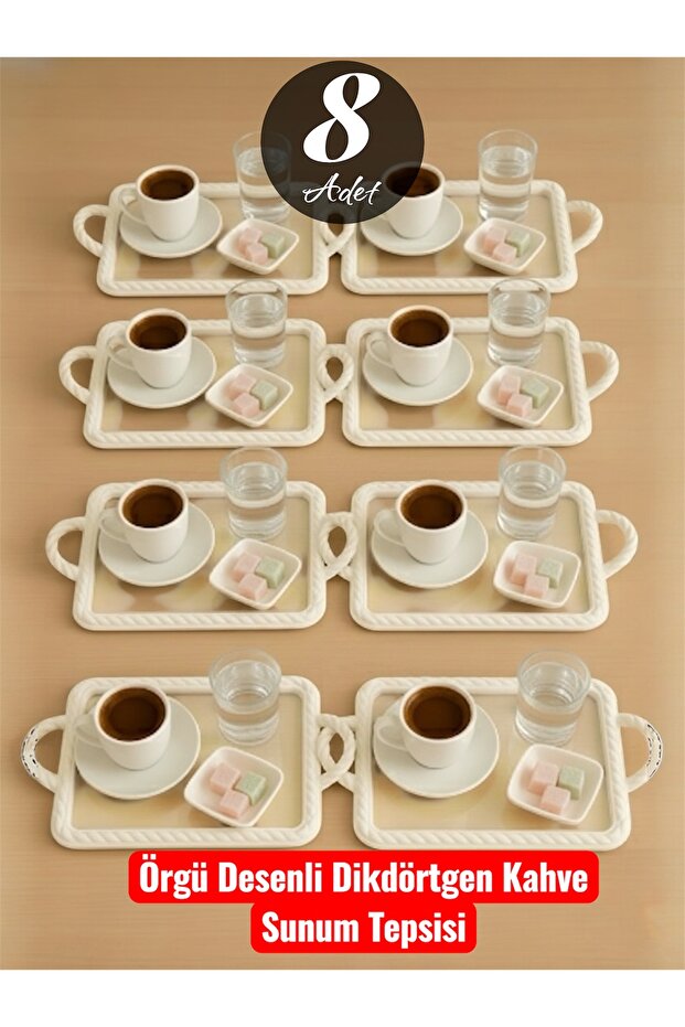 8-Piece Knitted Patterned Coffee Presentation Tray Rectangular Plastic White - 1
