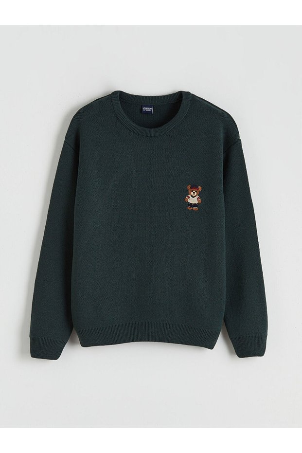 Alita City Farkıyla Xside Green Knitwear Printed Oval Collar Boys' Sweater