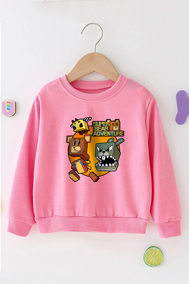 Super Bear Game Character Pattern Printed Boys and Girls Black Pink Blue Sweatshirt