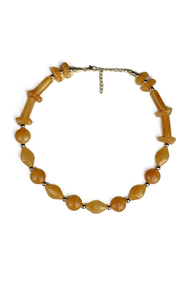 Yellow Beaded Gold Detail Women's Necklace 45 cm Trendy Colorful Acrylic Shiny