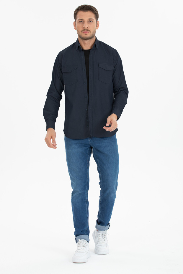 Men's Navy Blue Classic Fit Stretch Fabric Denim Shirt Double Pocket Long Sleeve Jeans Shirt