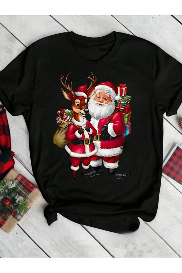 Unisex New Year's Cute Deer and Santa Claus Special Design Basic Crew Neck Regular Christmas T-Shirt