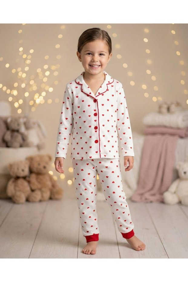 Girl's Red Heart Ribbed 100% Cotton Pajama Set Bottom Top Set