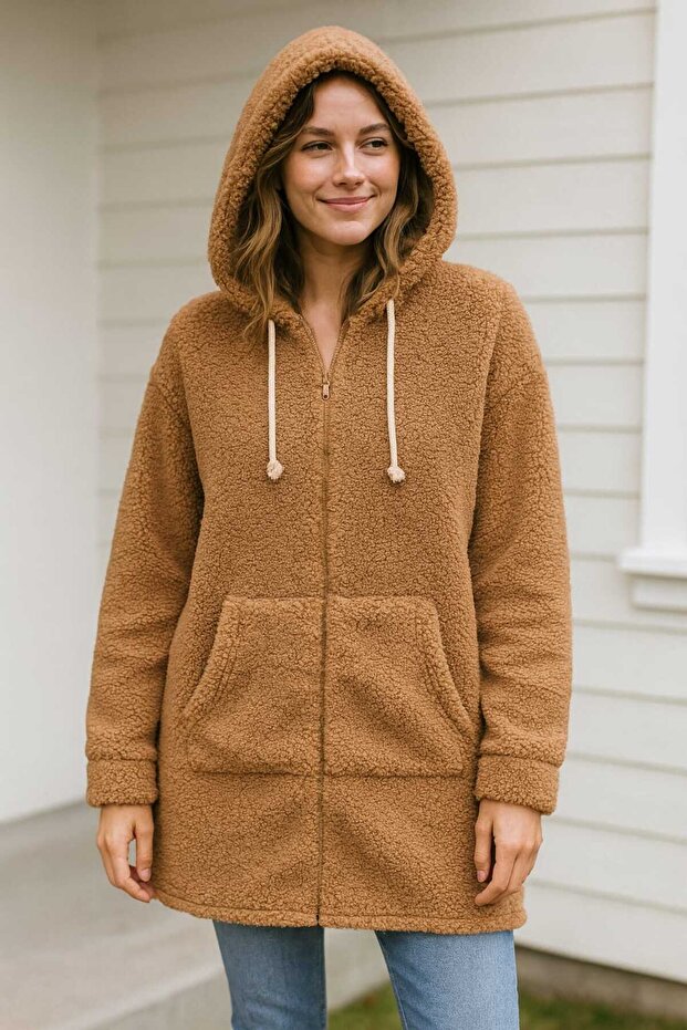 Women's Plush Coat Hooded Wide Fit Caramel