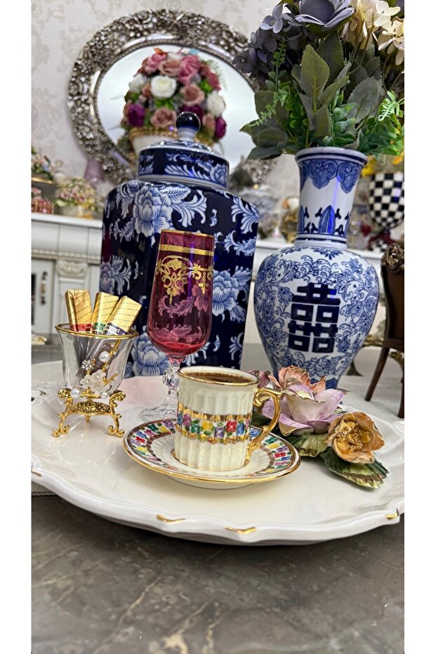 ESTERHOMEDECOR Hand-Painted Porcelain Coffee Cup Set for 6 People