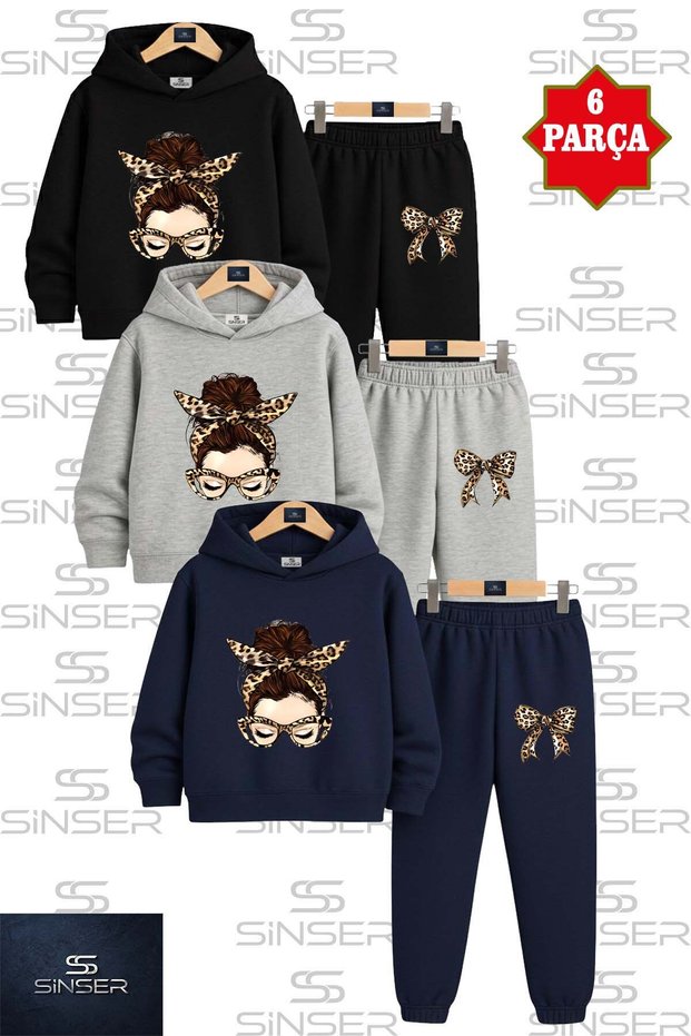 Children's Unisex 3-Piece Hooded Tracksuit Set with Leopard Pattern Ribbon for Girls