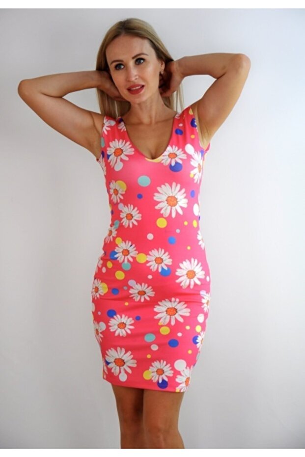 Women's Flexible Fabric V-neck Floral Patterned Evening Dress