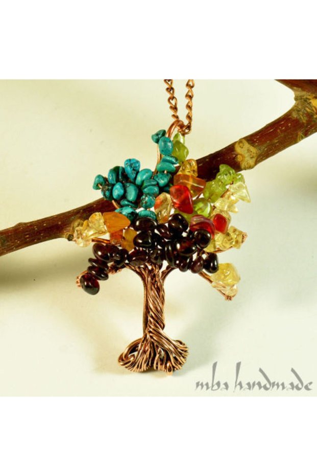 Chakra Natural Stone Reiki Tree of Life Necklace with Lal(garnet), Citrine, Agate, Zebercet and Turquoise Crystal