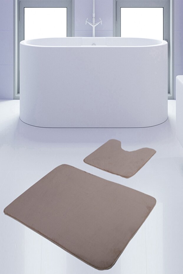 Unicolor Plain Mink 2-Piece Bath Mat Carpet Set Non-Slip Toilet Seat Base Set
