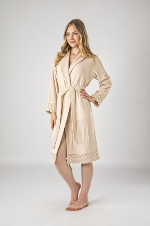 Women's Beige Lace Bamboo Bathrobe