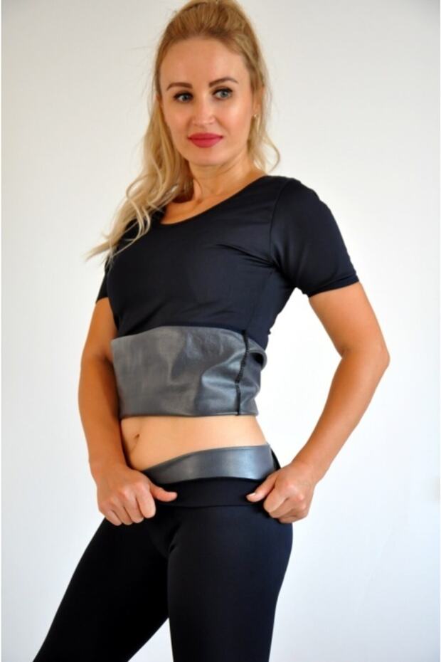 Polymer Coated Inside Fat Burning Dark Blue T-shirt And High Waist Tights Thermal Corset Underwear Set