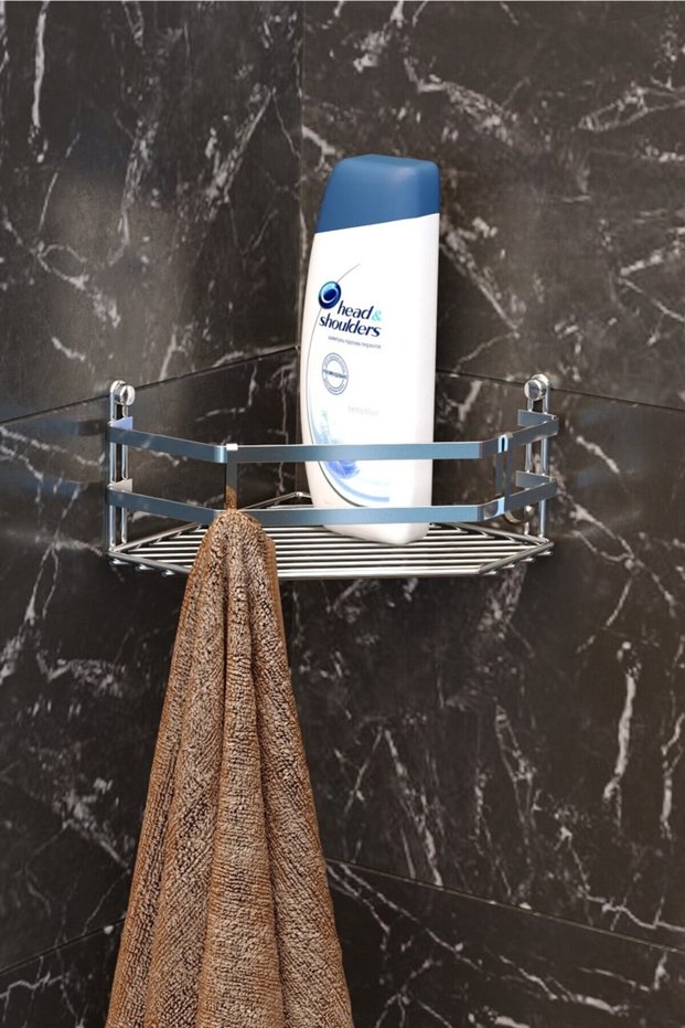 Single Tier Hooked Bathroom Corner Shelf Chrome Es077H