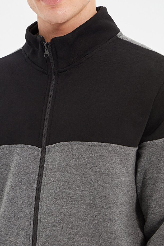 Antracitová mikina Regular/Normal střih na zip s fleecem uvnitř/teplý svetr TMNAW22SW0720 - 5