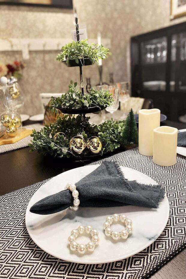 6 Adet Taş Detaylı İnci Peçete Yüzüğü - 5