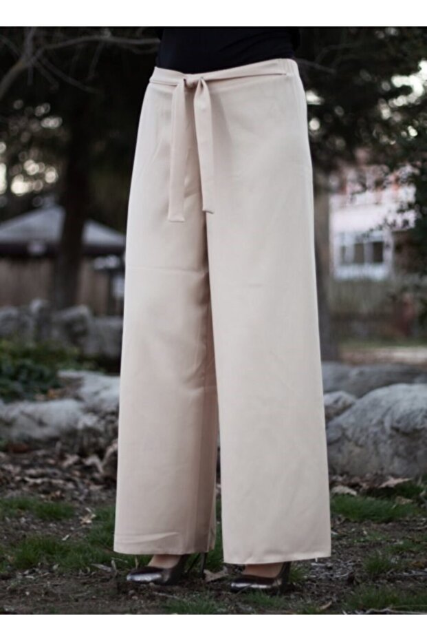 Elastic Waist Belted Wide Leg Trousers - Stone