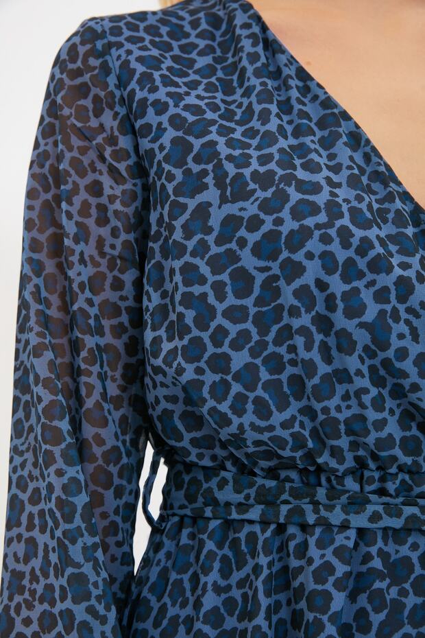 Çok Renkli Kuşaklı Kruvaze Leopar Desenli Mini Dokuma Elbise TWOSS20EL0626 - 4