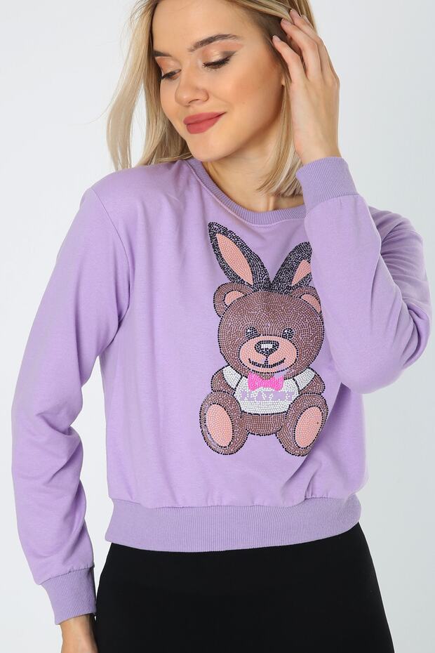 Women's Stoned Printed Purple Crew Neck Sweatshirt