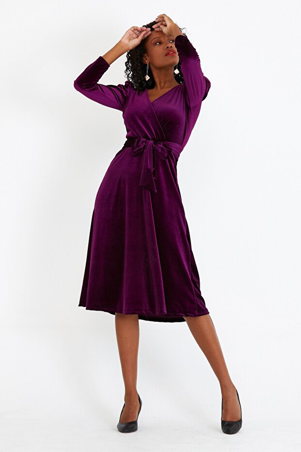 Rochie dublu, midi, catifea prune - 2