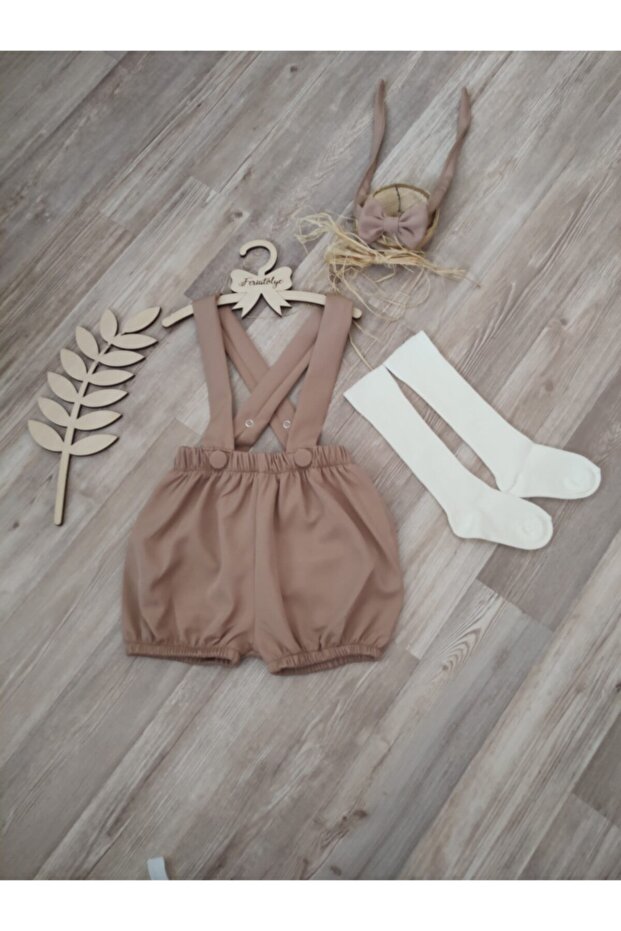 Beige Dungarees and Sock Set for Baby Boy, 1st Birthday Photoshoot Outfit