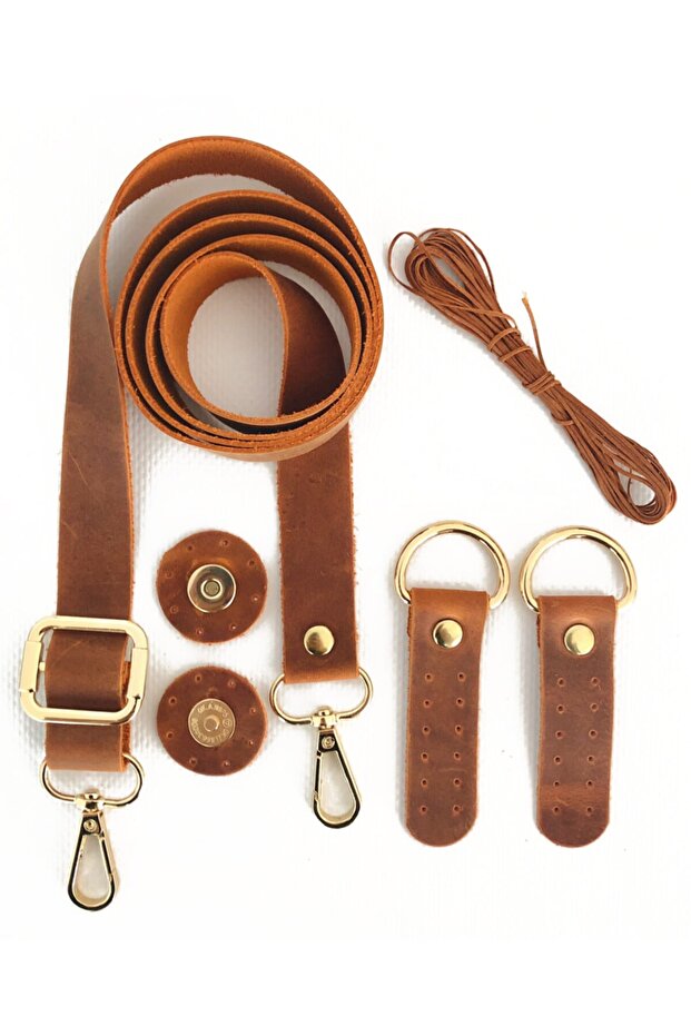Genuine Leather Bag Handle Gold Accessory 120 cm Magnetic Snaps Waxed Rope Set