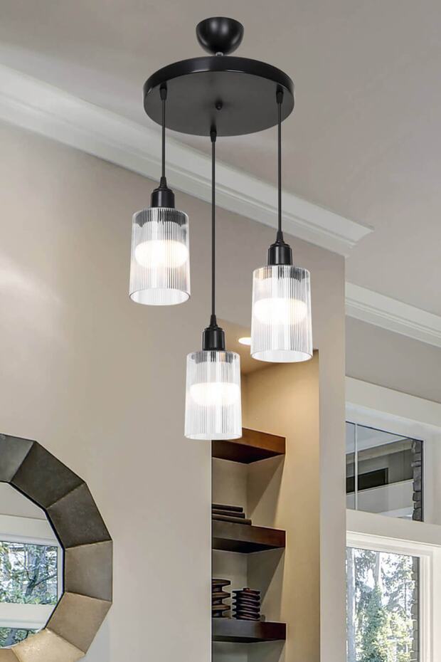 Aksel 3'lü Avize Şeffaf Optik Camlı Siyah - 2