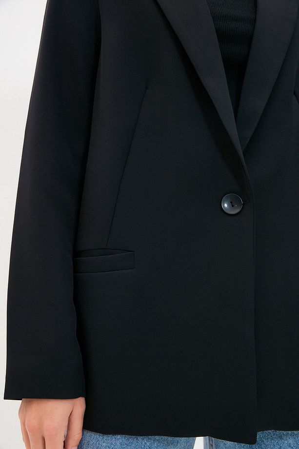 Siyah Regular Astar Detaylı Dokuma Blazer Ceket TWOAW20CE0316 - 4