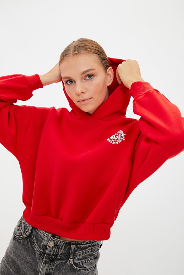 Kırmızı Sırt Baskı Detaylı Kapüşonlu Kalın İçi Polarlı Örme Sweatshirt TWOAW22SW0711 - 3