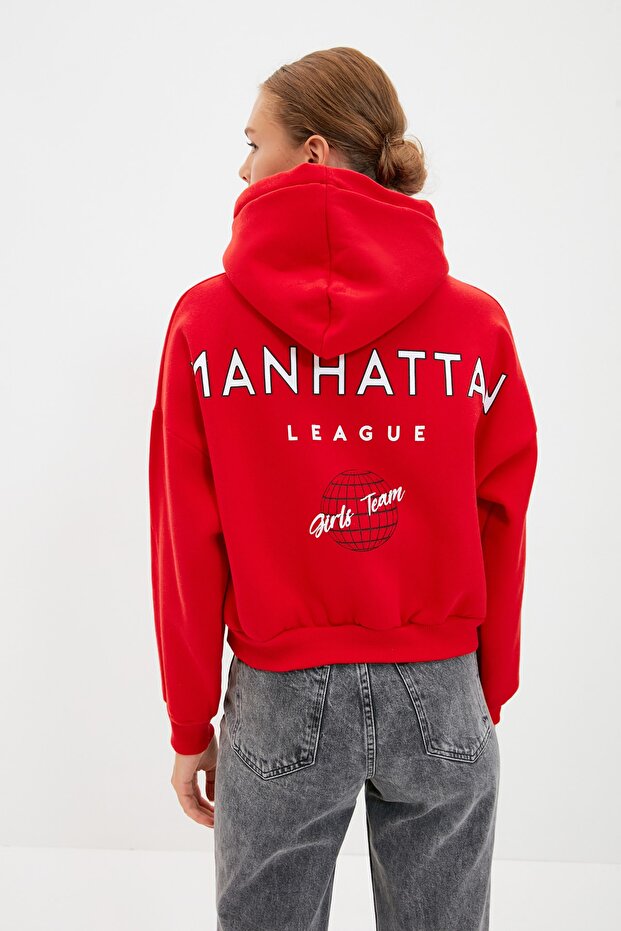 Kırmızı Sırt Baskı Detaylı Kapüşonlu Kalın İçi Polarlı Örme Sweatshirt TWOAW22SW0711 - 6