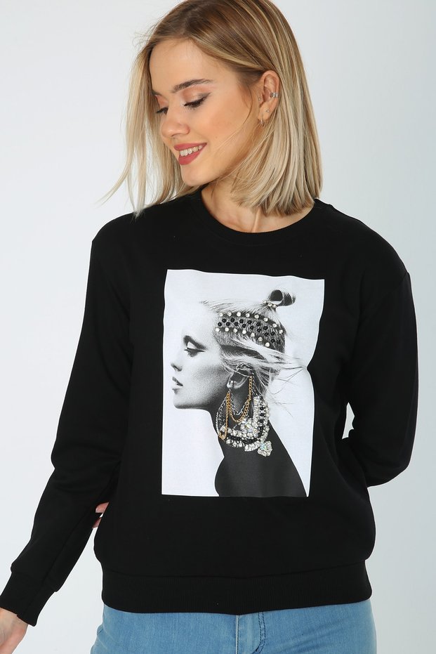 Women's Jewelled Printed Black Crew Neck Sweatshirt