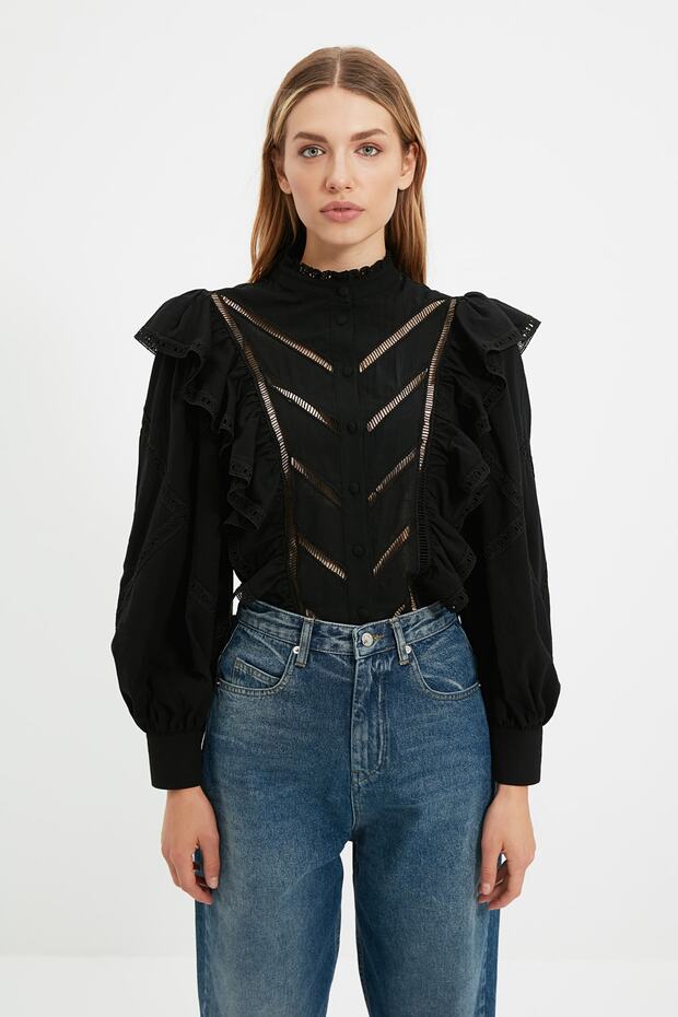 Siyah Boho Aksesuarlı Dokuma Gömlek TPRAW22GO1089 - 1