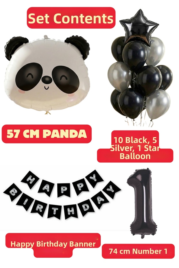 1 Year Old Panda Balloon Black Silver Happy Birthday Lettering Black and Silver Balloon Birthday Set
