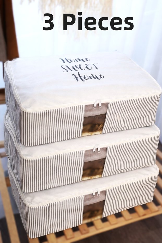3 Pieces Home Sweet Home Striped Under-Bed Over-The-Cabinet Large Pillow Quilt Sweater Storage Bag 22X46X62Cm D9