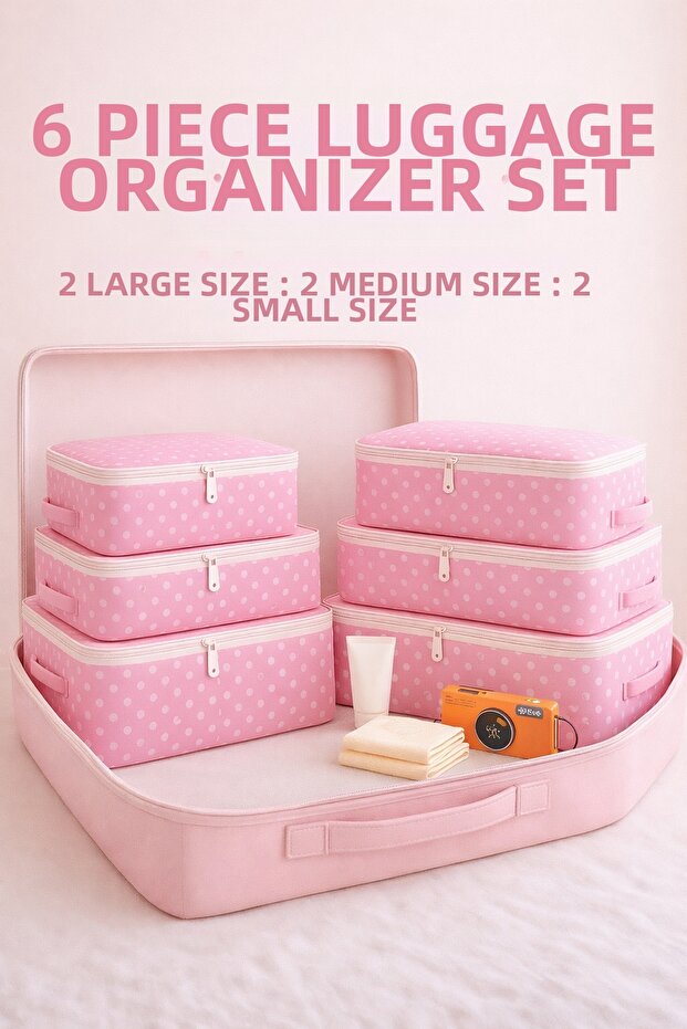 6 Piece Pink Patterned -Travel Luggage Suitcase Organizer Set Without Mesh - Pouch and Bag Set