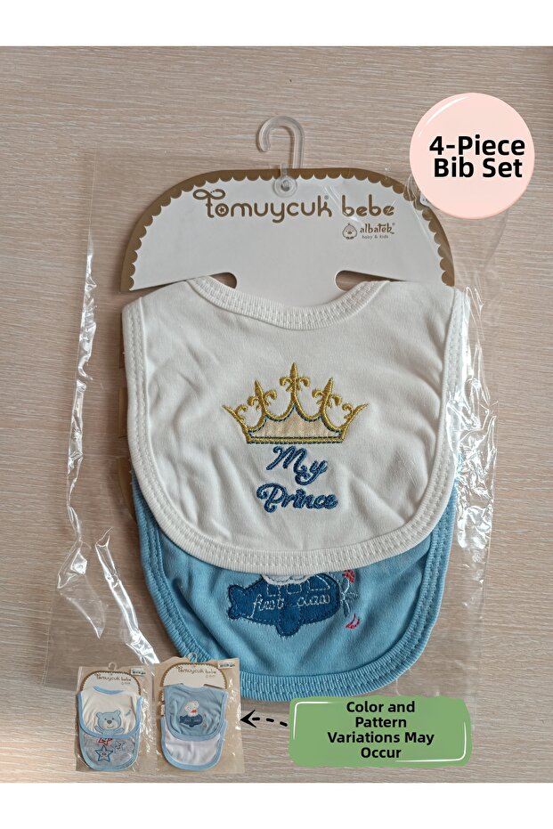 4-Piece Baby Bib Boy's Bib 100% Cotton and Embroidered Drop-Bib with Scarf and Snap Closure