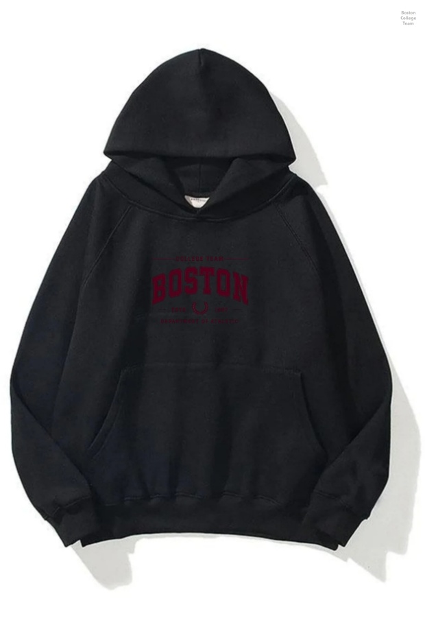 Women's Winter Wool Inside Boston B Printed K Hooded Kangaroo Pocket Regular Sweatshirt