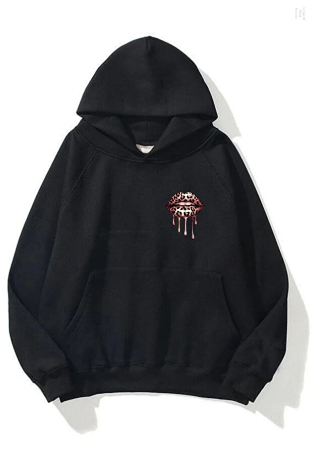Women's Winter Cotton Minimal Leopard Lip Printed Hooded Regular Sweatshirt with Kangaroo Pocket