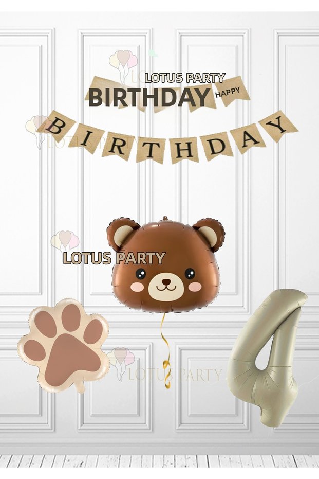 Kraft Banner - Brown Bear Head Balloon - Cream Color Number Balloon - Paw Foil Balloon Age
