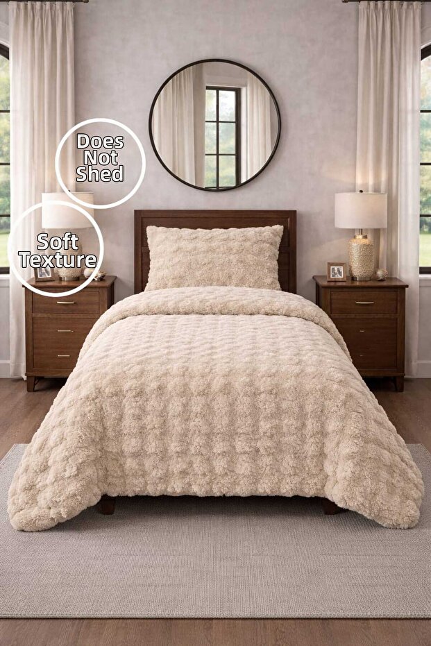 Premium Rabbit Hair Plush Single Bedspread Set Thick Textured 160X220Cm + Pillowcase Beige