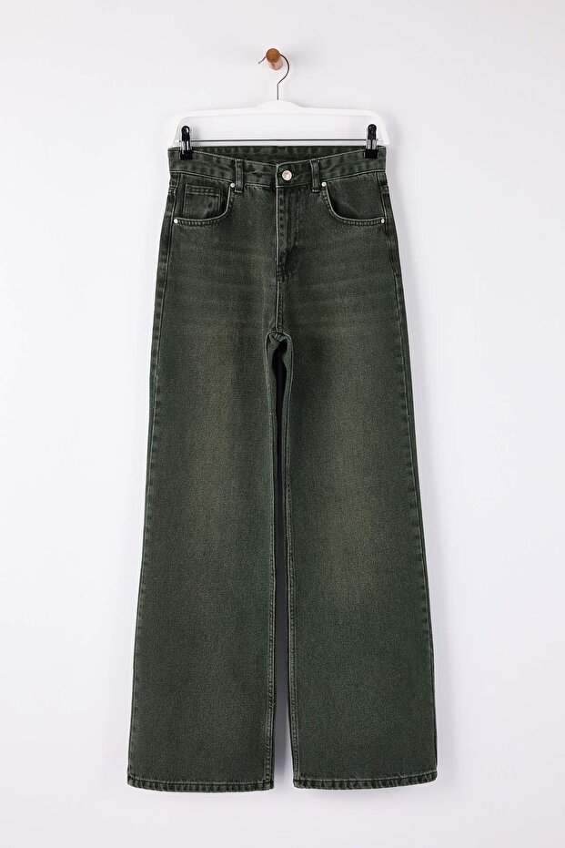 Haki Vintage Yıkama Yüksek Bel %100 Pamuk Geniş Paça Wide Leg Jeans TWOSS26JE00017 - 5