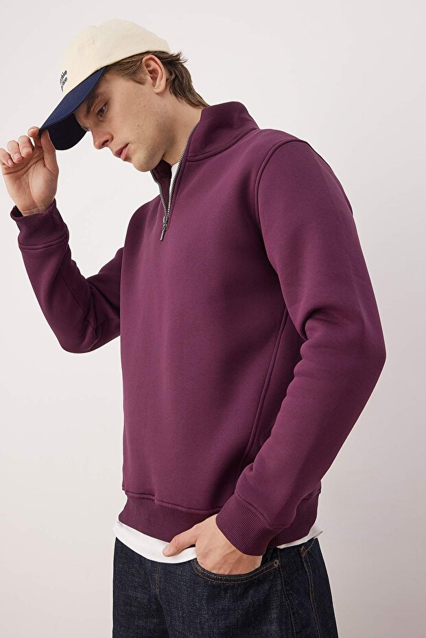 Mürdüm Regular/Normal Kesim Dik Yaka Fermuarlı Sıcak Tutan Basic Sweatshirt TMNAW24SW00041 - 3