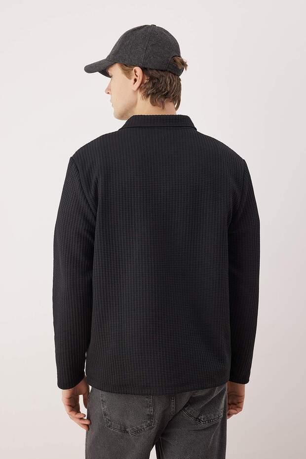 Siyah Relaxed Kesim Waffle Dokulu Polo Yaka Sweatshirt TMNAW26SW00058 - 2