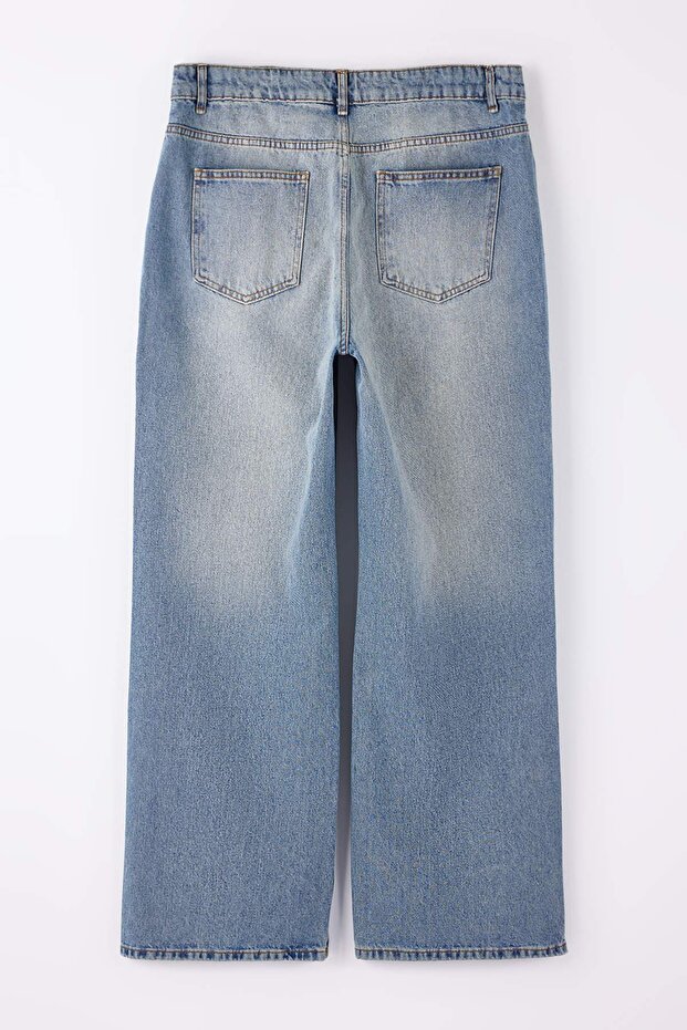Mavi Yüksek Bel Geniş Paça Wide Leg %100 Pamuk Büyük Beden Jeans TBBAW26CJ00060 - 7