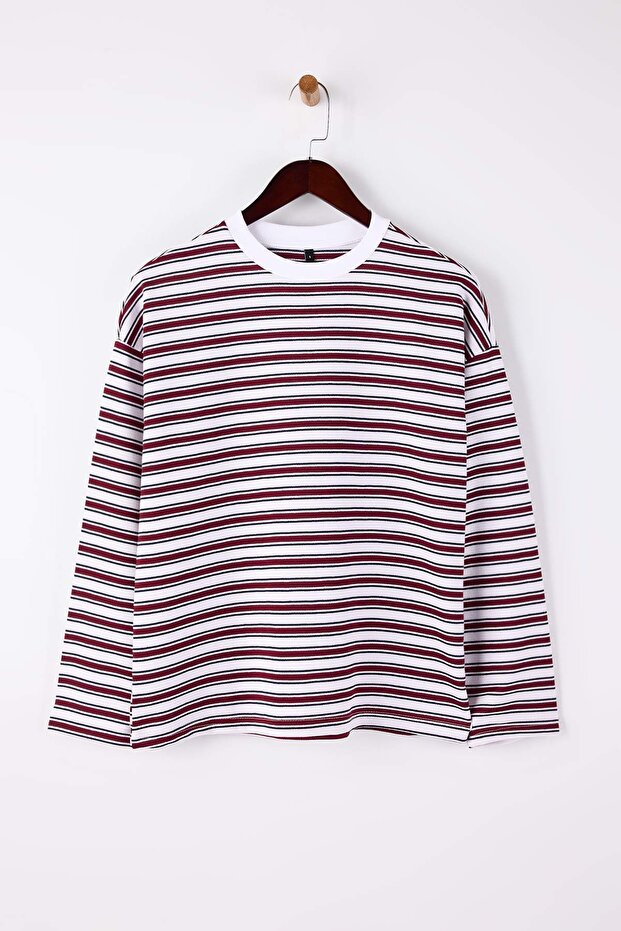 Çok Renkli Çizgili Oversize/Geniş Kesim Bisiklet Yaka İnce Örme Sweatshirt TWOAW23SW00326 - 6